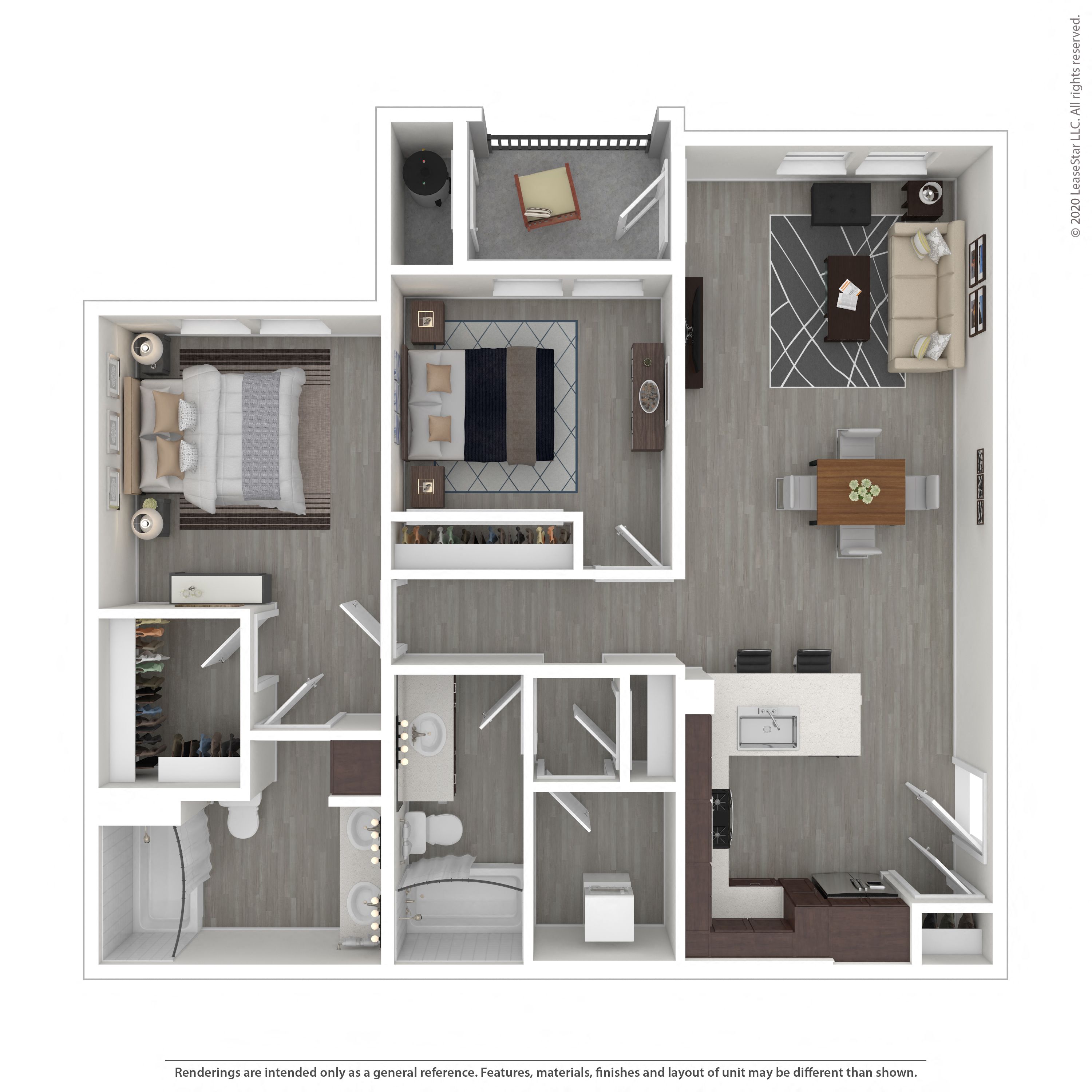 Floor plan for 2 beds, 2 baths, 1129 sqft